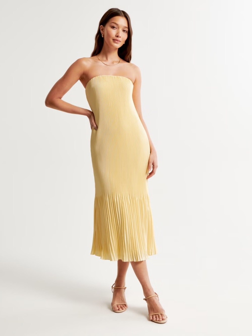 Abercrombie & Fitch Strapless Pleated Midi Dress — Yellow